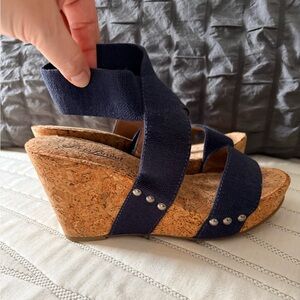 Lucky Brand Navy Cork Wedge Sandals with Stud Accents